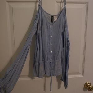 H&M Divided Blue and White Pinstripe Off the Shoulder Blouse, Size 8